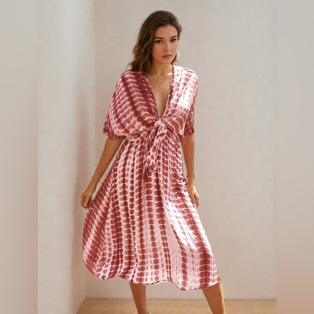 LAST ONE 🔥 Tie Dye Knot Front Batwing Sleeve Dress